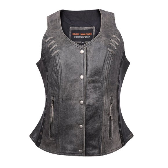 Ladies Lightweight Distressed Gray Leather Vest with Grommeted Twill and Lace - Picture 1 of 6